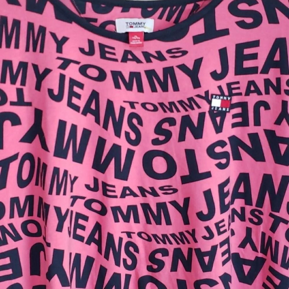 Tommy Jeans Shirt Womens XL Pink‎ Crew Neck Short Sleeve Logo Graphic Crop Top